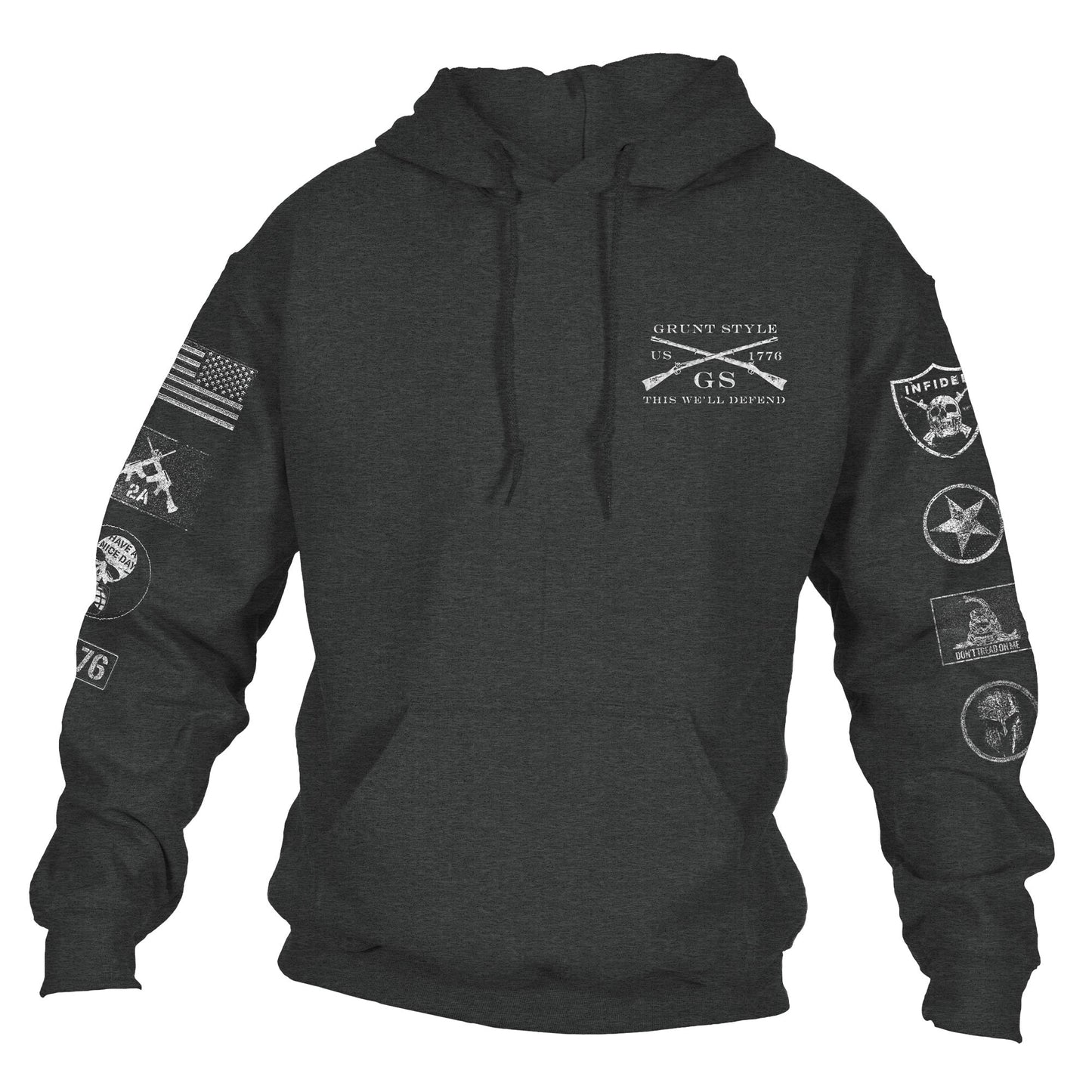 Front of the Grunt Style Patch Hoodie with a GS logo and custom sleeve logos down the side of each sleeve