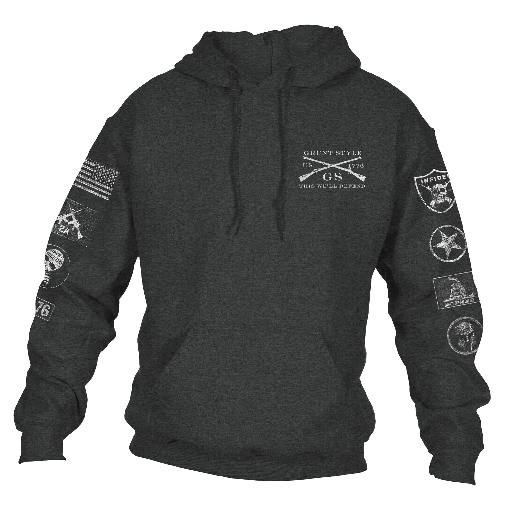Front of the Grunt Style Patch Hoodie with a GS logo and custom sleeve logos down the side of each sleeve