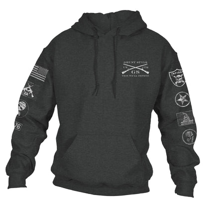 Front of the Grunt Style Patch Hoodie with a GS logo and custom sleeve logos down the side of each sleeve